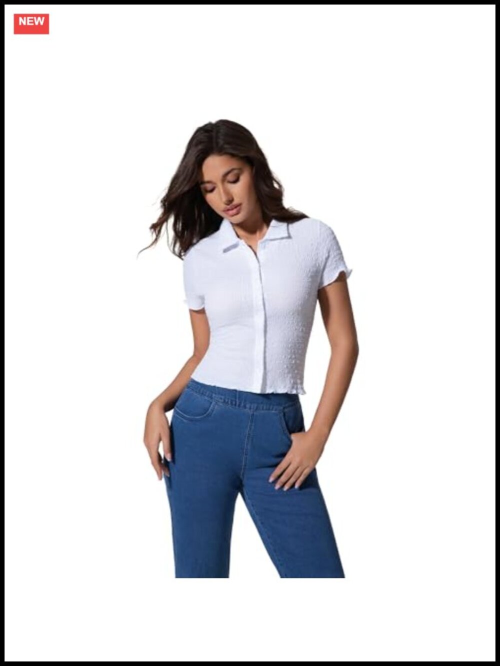 Women's Short Sleeve Button Down Crop Top - Slim Fit Textured Collared Blouse